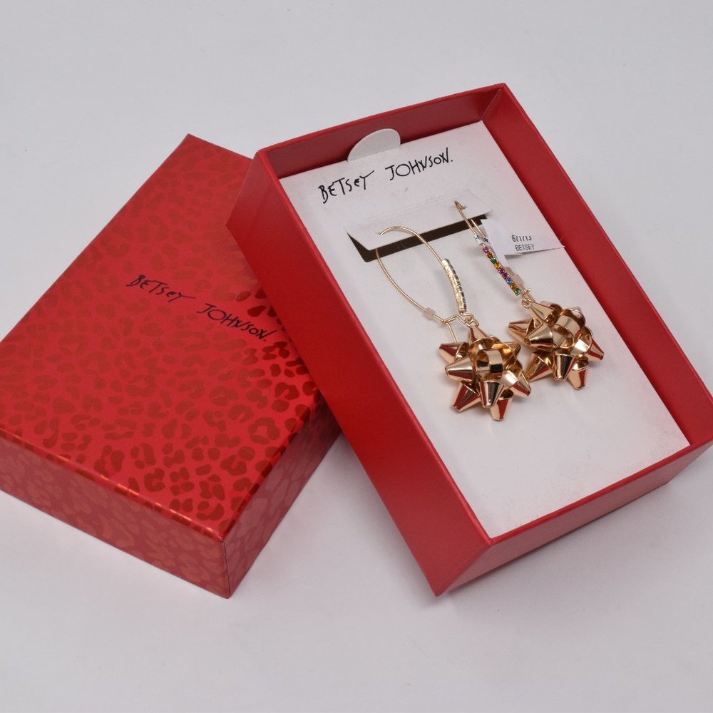 Betsey Johnson Gift Bow Earrings Goldtone  New Christmas Holiday Festive Party